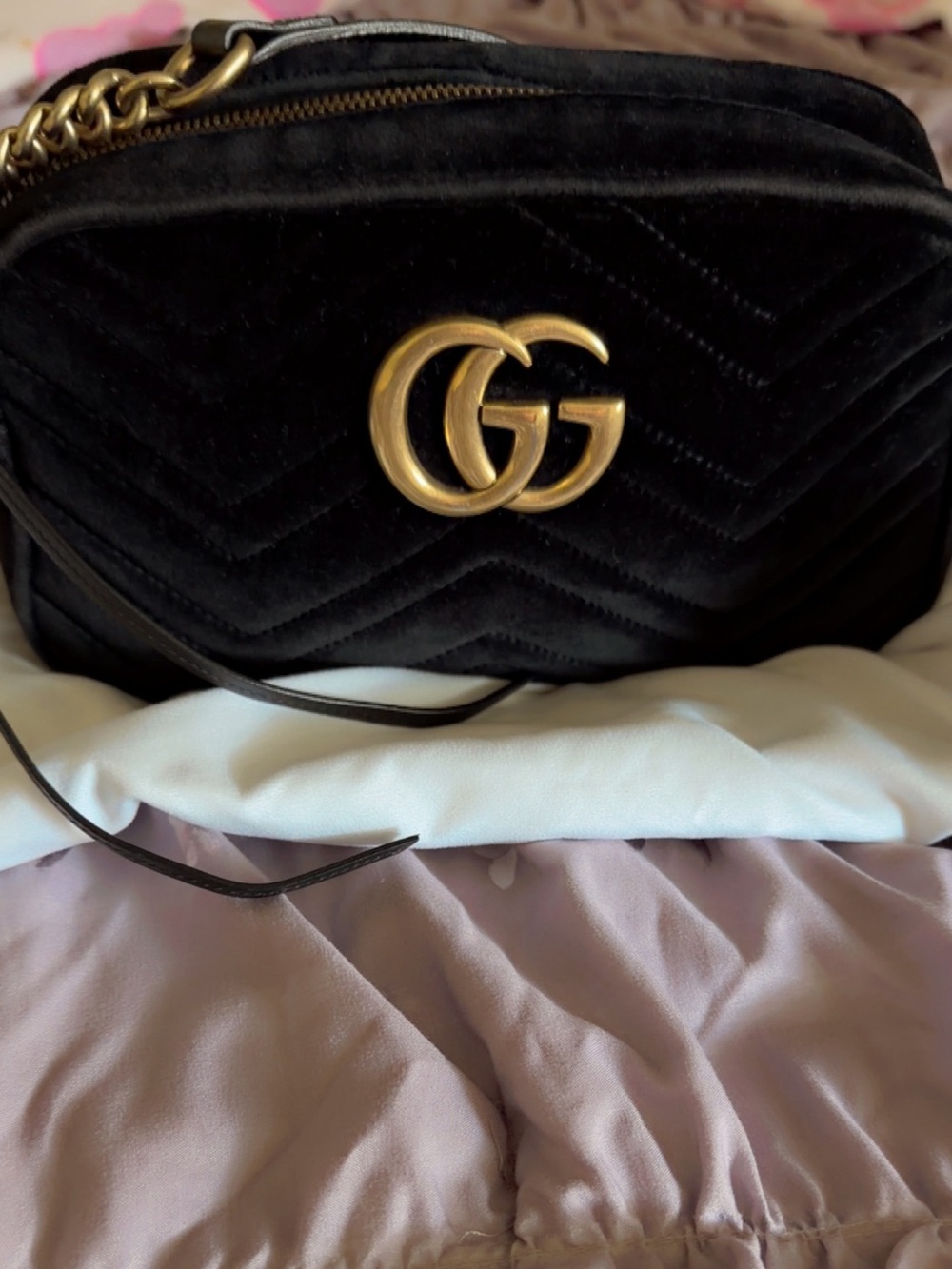 Gucci Black Velvet Chevron Shoulder Bag with Gold Double G